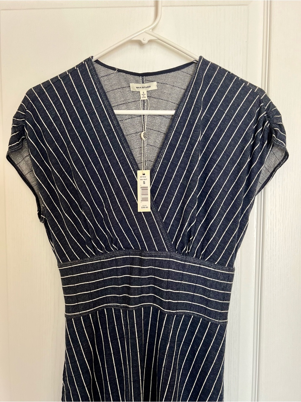 Navy and White Pinstripe A-line Midi Dress with Pockets Nautical Coastal Grandma - Picture 4 of 9
